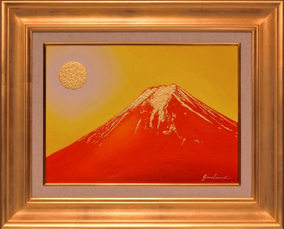 ○『富士吉田から金の赤富士』○がんどうあつし絵画油絵額付横47.1cm
