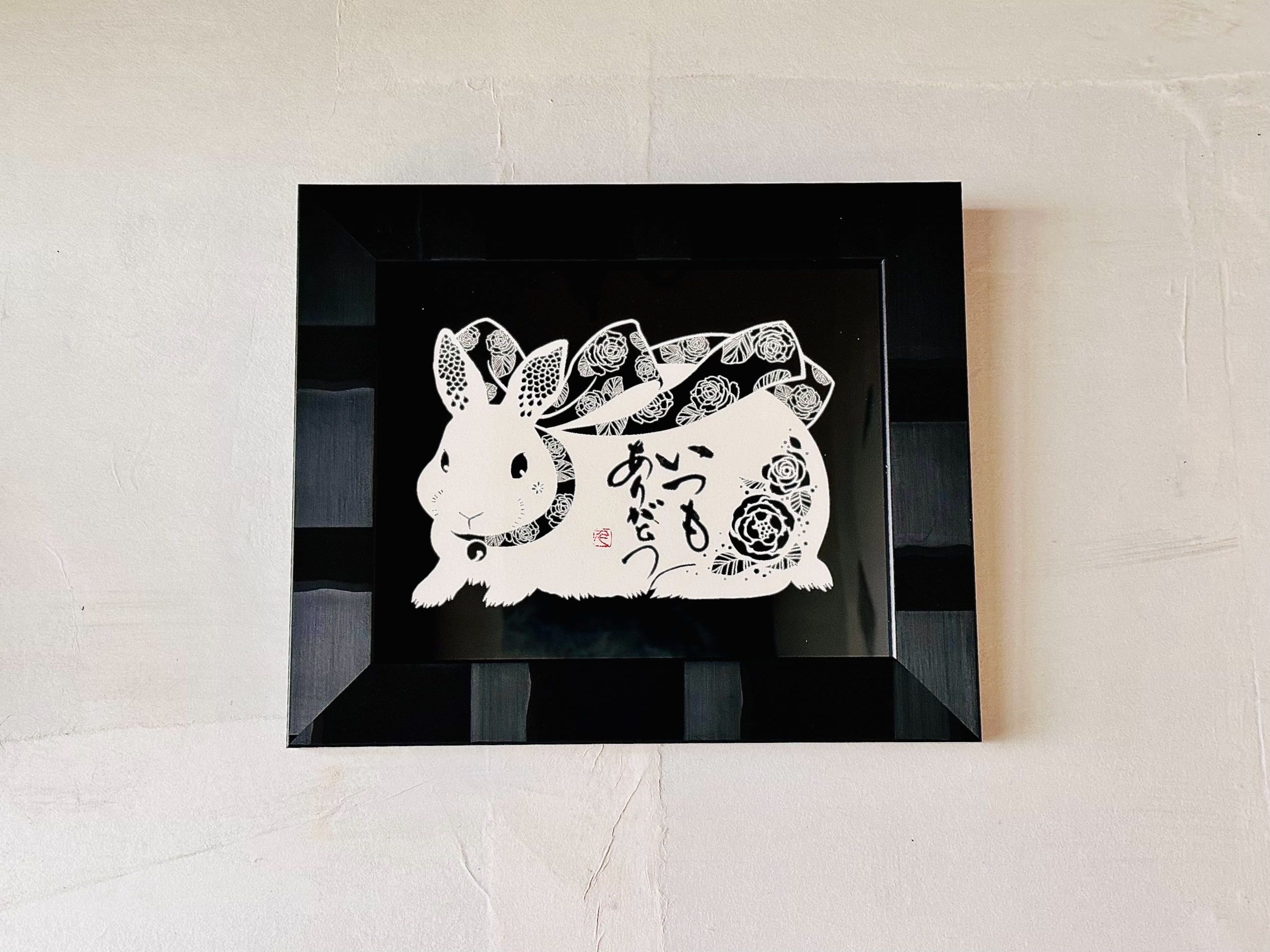 約P10号】float 原画 黒いウサギと手の油彩画 約P10号】float 原画