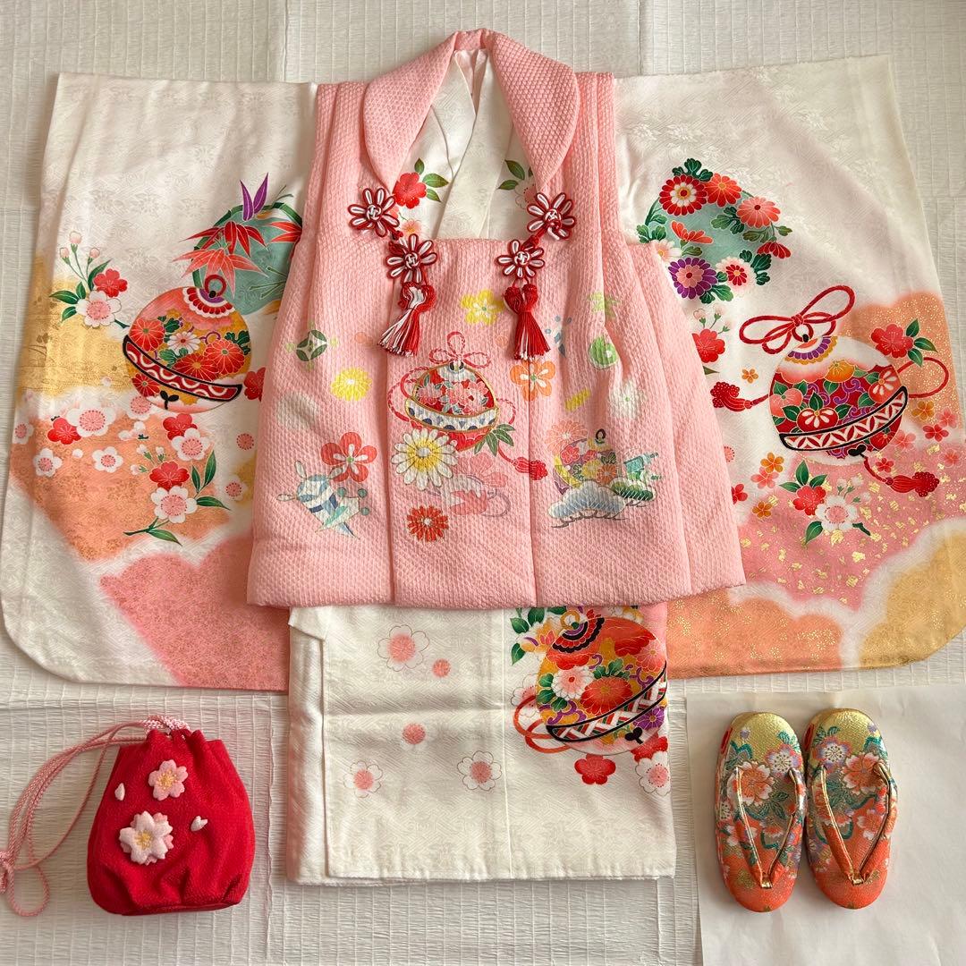 七五三 3歳 被布 着物 絹 三歳 白 ピンク 草履 753 巾着 女の子 七五三 正絹 着物 3歳 女の子 被布 赤 桜 三ツ身着物 白 鞠 菊 被布