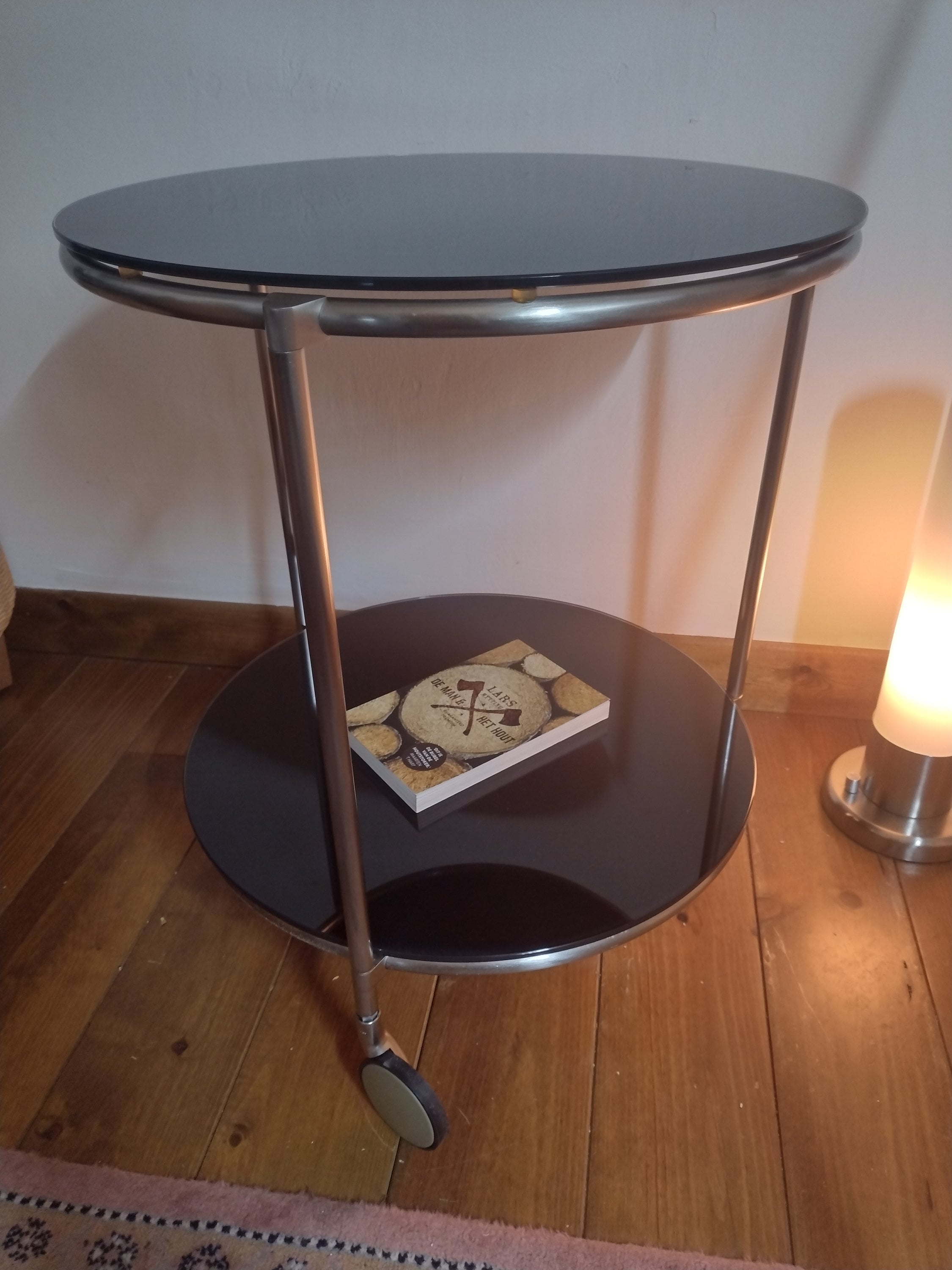 ヴィンテージIKEA STRIND BLACK ガラスと金属のローリングサイド