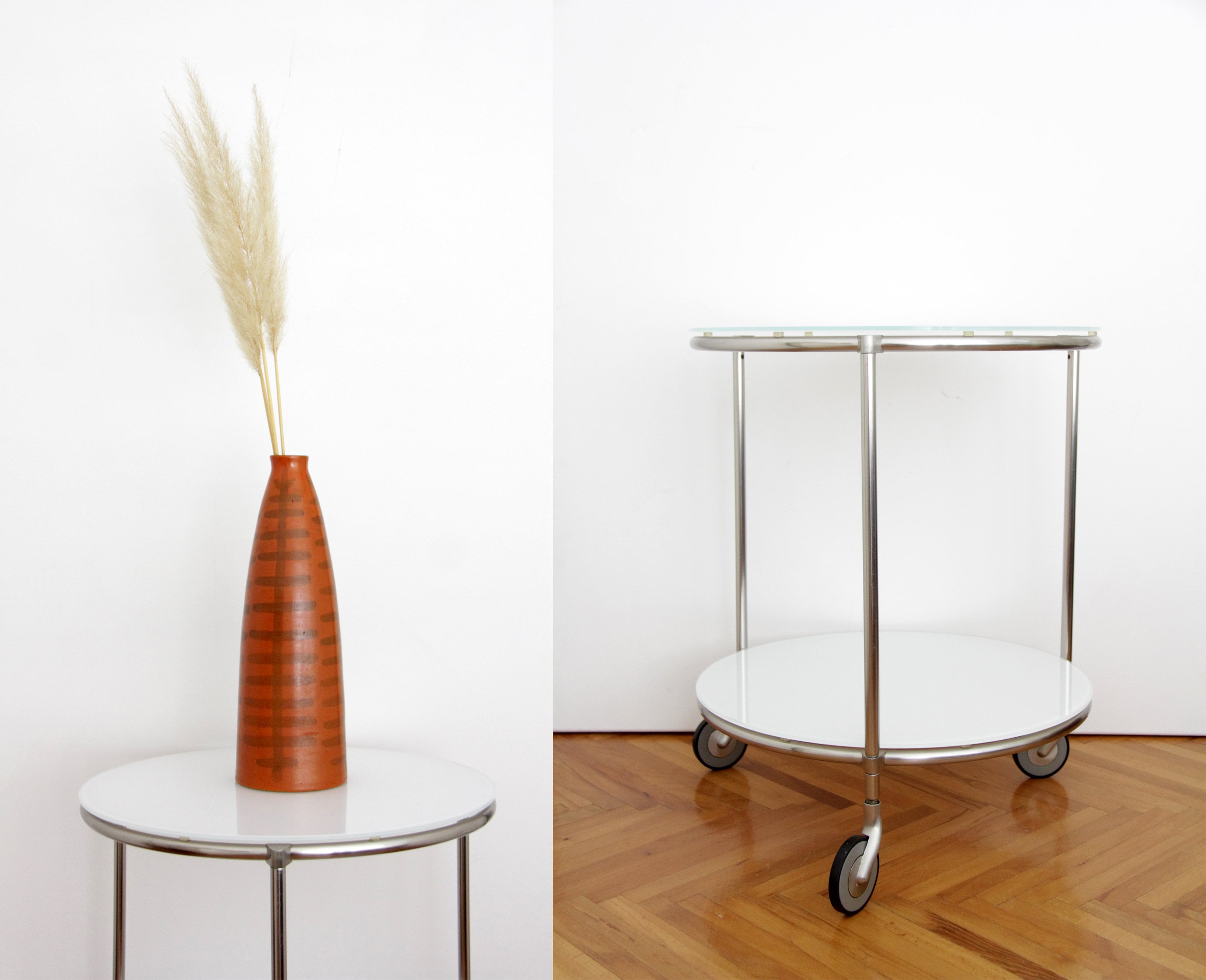 Vintage Ikea STRIND White Glass and Metal Rolling Side Table